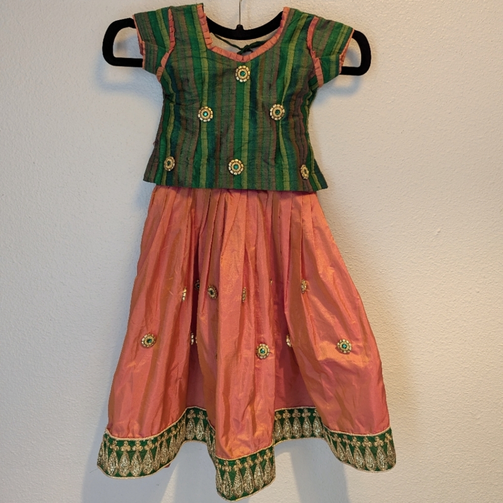 Green and Iridescent Pink-Peach Chaniya Choli with Gold Embellishments